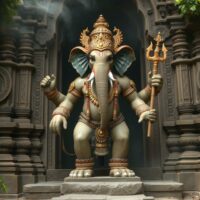 Mythlok - Gaja Simha Gaja Simha, a mythological hybrid with the muscular body of a lion and the head of an elephant, adorned with temple jewelry and standing guard at the entrance of an ancient Indian temple.