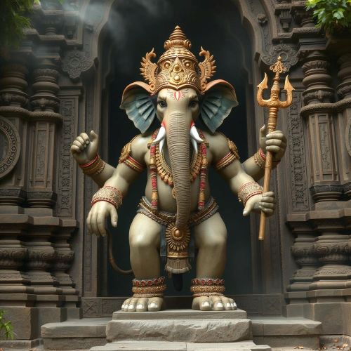 Gaja Simha, a mythological hybrid with the muscular body of a lion and the head of an elephant, adorned with temple jewelry and standing guard at the entrance of an ancient Indian temple.