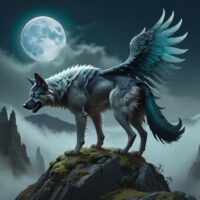 Mythlok - Hinn the Hinn from Arabian folklore, depicted as a majestic, winged wild dog perched atop a misty mountain ridge under a moonlit sky.