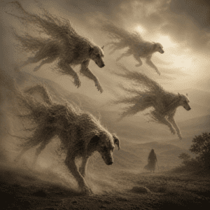 the Hinn from Arabian folklore, depicted as a majestic, winged wild dog
