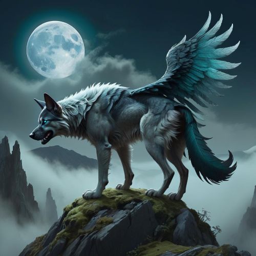the Hinn from Arabian folklore, depicted as a majestic, winged wild dog perched atop a misty mountain ridge under a moonlit sky.