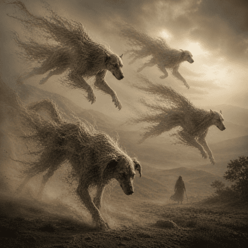 the Hinn from Arabian folklore, depicted as a majestic, winged wild dog
