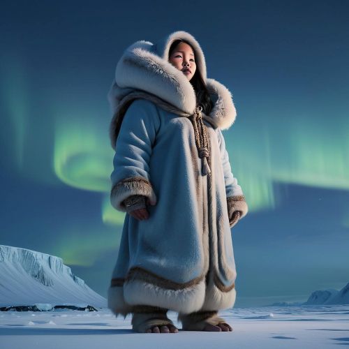 female Inugpasug from Inuit mythology, standing in a snowy Arctic landscape at twilight.