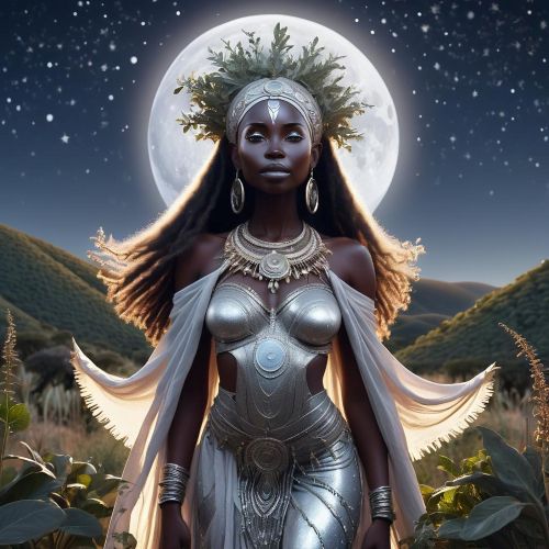 an ethereal depiction of Inyanga, the Zulu moon goddess. She appears as a radiant woman cloaked in silver light, standing beneath a starry African sky.