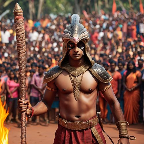 Iravan from Indian mythology: a youthful warrior with a cobra hood above his head, dressed in traditional armor, holding a sword