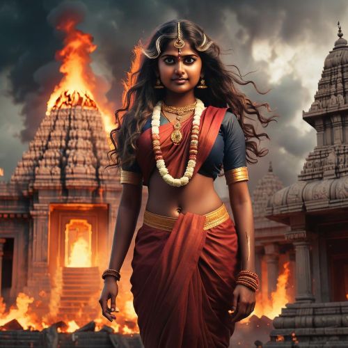 Kannaki Amman standing in front of a burning city