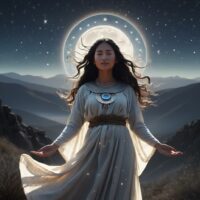 Mythlok - Kueyen Mapuche Moon Goddess Kueyen standing under the starry sky