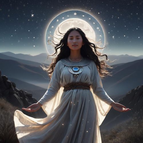 Mapuche Moon Goddess Kueyen standing under the starry sky