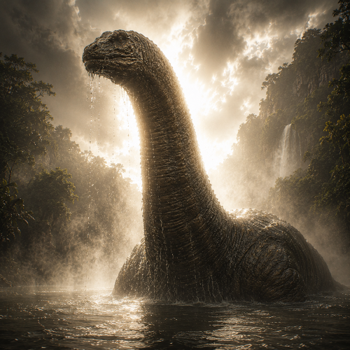 A Mokele-Mbembe from Bakongo resembling the loch ness monster emerging from the misty swamps of the Congo Basin.