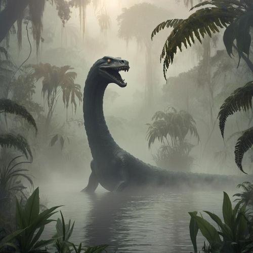 A Mokele-Mbembe from Bakongo resembling the loch ness monster emerging from the misty swamps of the Congo Basin.