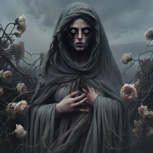 Oizys, the Greek goddess of misery appearing as a shadowy, veiled female figure