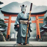 Mythlok - Okuninushi an image of Ōkuninushi, the Japanese god of nation-building and love, standing in front of Izumo Taisha Shrine