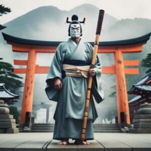 an image of Ōkuninushi, the Japanese god of nation-building and love, standing in front of Izumo Taisha Shrine