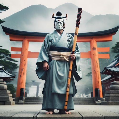 an image of Ōkuninushi, the Japanese god of nation-building and love, standing in front of Izumo Taisha Shrine