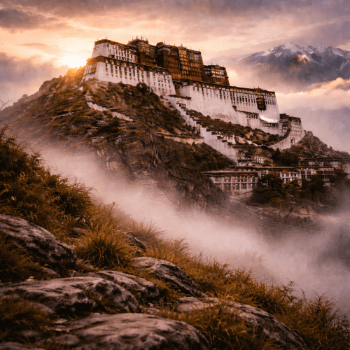 Potala Palace depicted as a majestic hilltop palace symbolizing spiritual authority, history, and sacred grandeur