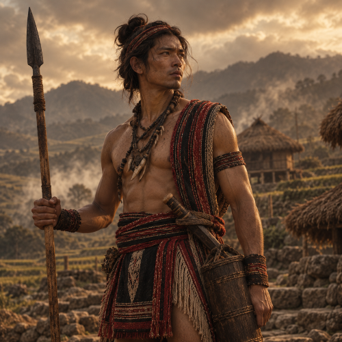 Pumbakhayon, the legendary Ifugao warrior from Philippine mythology, stands holding a spear in a traditional mountain village, wearing woven red and black garments and handcrafted accessories,