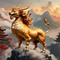 Mythlok - Qilin A majestic Qilin standing on a cloud-covered mountain peak at sunrise.