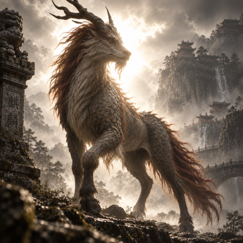 A mythical Qilin standing on a misty mountain ridge