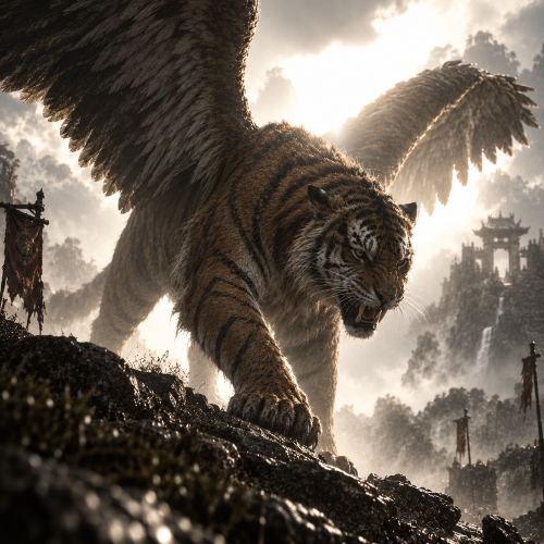 Qiong Qi, a massive winged tiger-like beast, prowls across wet rocks