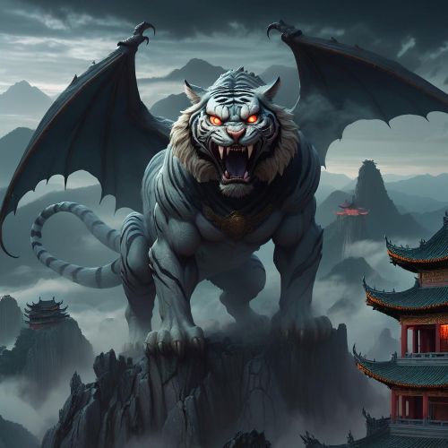 The fearsome mythological beast Qiong Qi with the body of a tiger, face of a human, and large bat-like wings, standing atop a misty mountain.