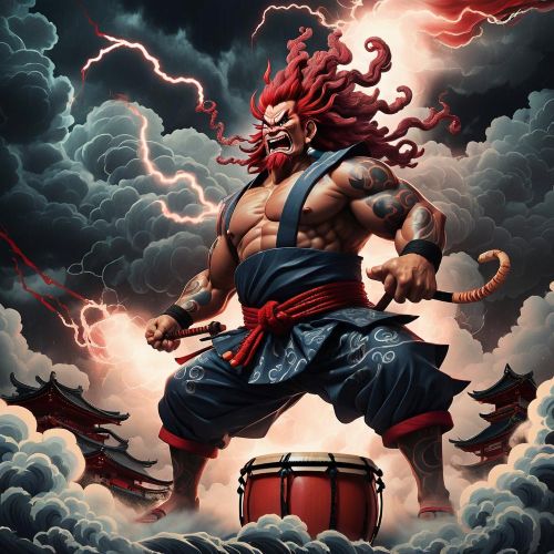 Raijin, the Japanese thunder god, standing on storm clouds with red skin, wild hair, and surrounded by taiko drums.