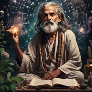 Rishi Bharadvaja sitting and compiling the Vedas