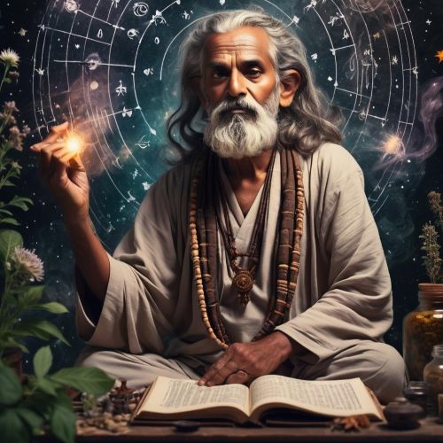 Rishi Bharadvaja sitting and compiling the Vedas