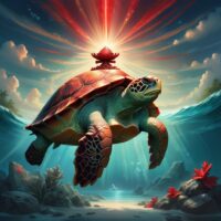 Mythlok - Tabakea Tabakea, the majestic Kiribati turtle deity with a glowing red shell, emerging from the ocean onto a sacred island.