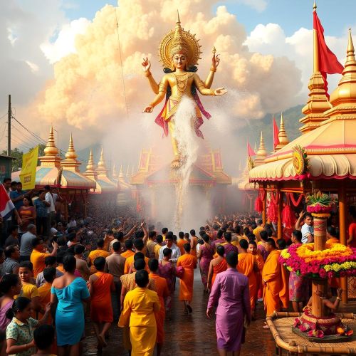 Thingyan : The Burmese New Year A vibrant Thingyan festival scene in Myanmar featuring celestial deity Thagyamin descending from golden clouds, surrounded by joyous crowds splashing water