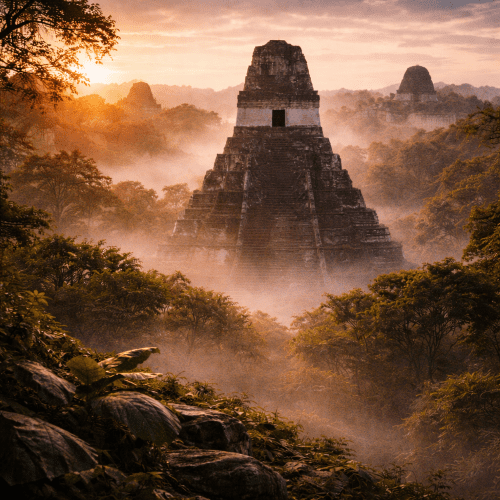 Tikal depicted as a majestic jungle-covered city with towering pyramids symbolizing ancient power and mystery