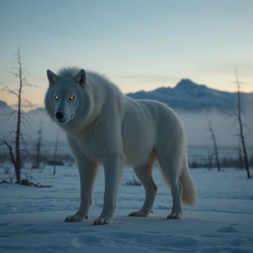 Waheela : The Giant Wolf Waheela standing in a snowy valley at dusk