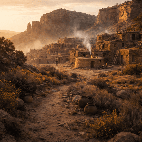 Zuni Pueblo depicted as a sacred ancestral settlement symbolizing tradition, community, and spiritual continuity