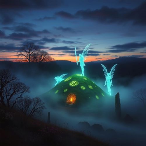 Ethereal tall Sidhe figures with radiant, otherworldly features emerging from the mist