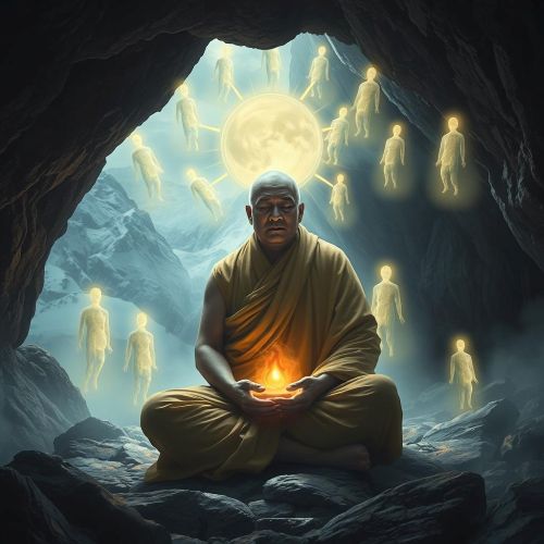 A mystical Tibetan monk meditating in a Himalayan cave, surrounded by glowing ethereal figures emerging from his thoughts, representing tulpas