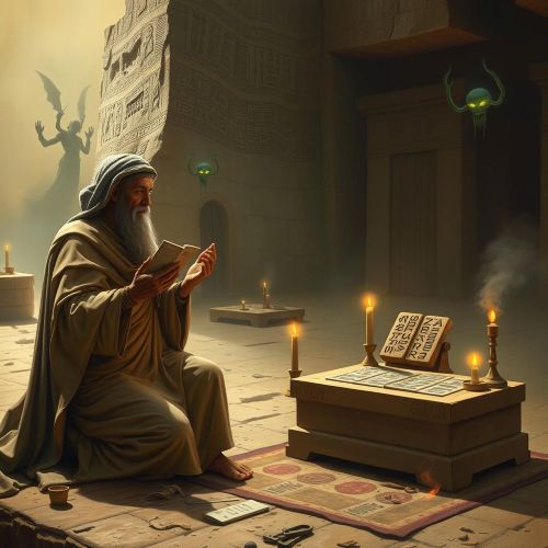 An ancient Mesopotamian ritual scene with a priest chanting incantations beside a clay figurine, faint shadowy spirits of udug