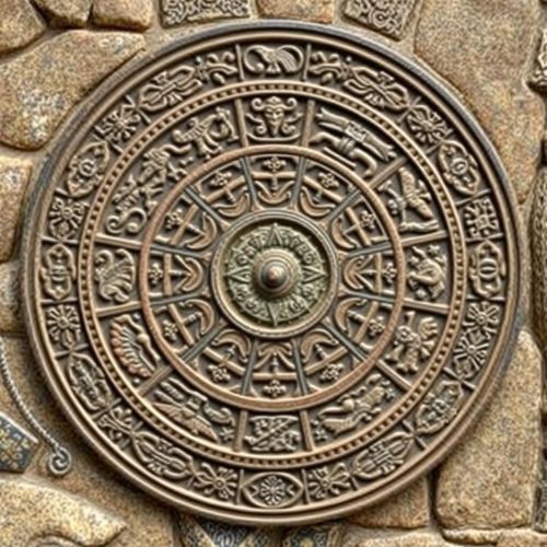 An image of the Aztec Zodiac wheel, featuring 20 day signs such as jaguar, eagle, serpent, and flower, arranged in a circular stone calendar design