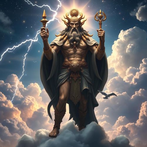 a majestic ancient god of sky, standing above clouds, with thunder, stars, and a glowing sky