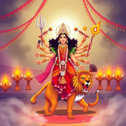 Navaratri Across India: Regional Traditions and Rituals A vibrant and traditional illustration of Goddess Durga during Navaratri in India