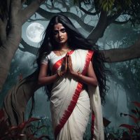 Mythlok - Aana Marutha Aana Marutha, a seductive female spirit from Kerala mythology, standing under a moonlit banyan tree.