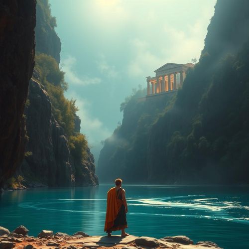 A lone traveler in ancient Greek robes stands beside the turquoise waters of the Acheron River