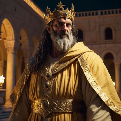 an image of Admetus, the king of Pherae, standing in a moonlit palace courtyard.