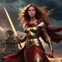 Mythlok - Adrestia Adrestia, Greek goddess of balance and revolt. She stands in a twilight battlefield, wearing bronze armor with flowing crimson robes.