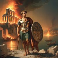 Mythlok - Aeneas Aeneas, the Trojan hero, standing prominently on the shores of Italy with the burning ruins of Troy behind him.