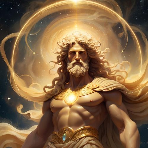 Aether, the Greek primordial god of the upper sky, depicted as a radiant, ethereal figure composed of golden light and celestial mist.