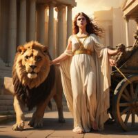 Mythlok - Alcestis an image of Alcestis, a Greek princess with flowing robes, standing beside a chariot yoked to a lion and a boar.