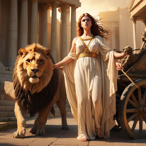 an image of Alcestis, a Greek princess with flowing robes, standing beside a chariot yoked to a lion and a boar.