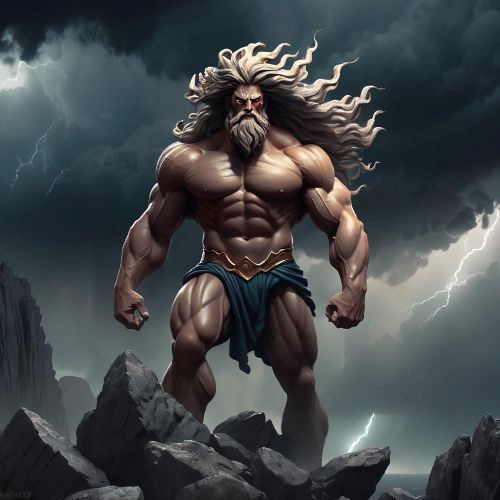 Alcyoneus from Greek mythology: a towering, muscular Giant with wild hair and glowing eyes,