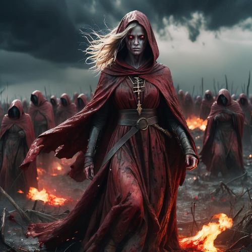 an image of Androktasiai, a spectral female figure cloaked in blood-stained robes, standing amidst a battlefield strewn with fallen warriors.