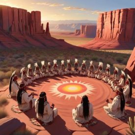 Mythlok - Apache_ A cultural scene inspired by Apache mythology: a desert plateau at sunrise with red rock cliffs in the background