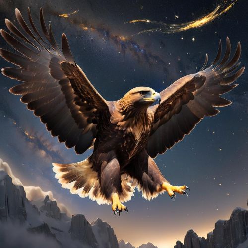 Aquila, a celestial Golden eagle soaring through the night sky, wings outstretched